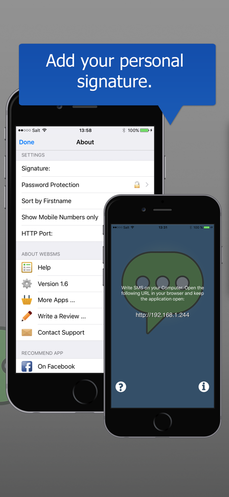 Web Browser SMS - Web Browser SMS app settings screen on iPhone showing options for personal signatures and the desktop connection URL.