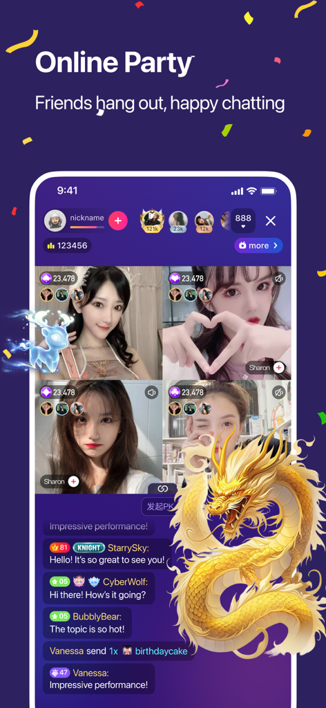 Supermeet - Supermeet app interface showing four live streamers in an online party with real-time chat and virtual gift animations