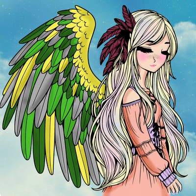 realistic girl with bird wings and some feathers in her hair