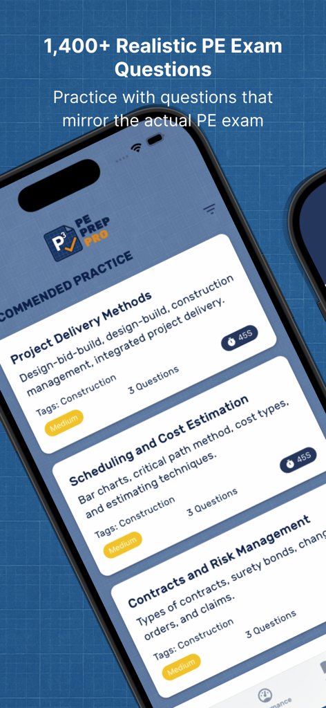 PE Prep Pro - Una interfaz móvil para PE Prep Pro mostrando varios temas de práctica de ingeniería como Métodos de Entrega de Proyectos y Planificación y Estimación de Costos.