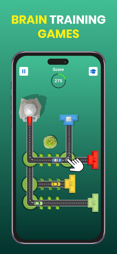 Brain Test Puzzle : IQ Games - A gameplay screenshot of the Brain Test Puzzle app showing a road navigation logic challenge.