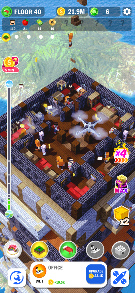 Tower Craft 3D - Idle Building - Un piso de oficina estilo bloque 3D dentro de un rascacielos en el juego Tower Craft 3D que muestra trabajadores y un dron.