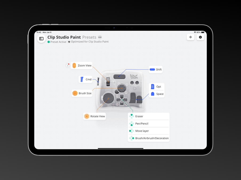 TourBox Console - Interface de TourBox Console sur iPad montrant les affectations de boutons pour Clip Studio Paint