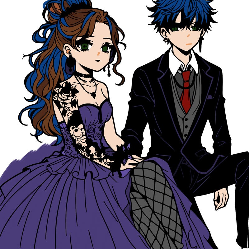 anime boy and girl both teens at prom. the girl had a nice fancy long dress wearing tights half her hair up in a bun and the rest down earings and nose piercings and a flower tatto on her shoulder (their both sitting) the boy is holding her hand and has nessy hair wearing a suit and has a nose piercing!