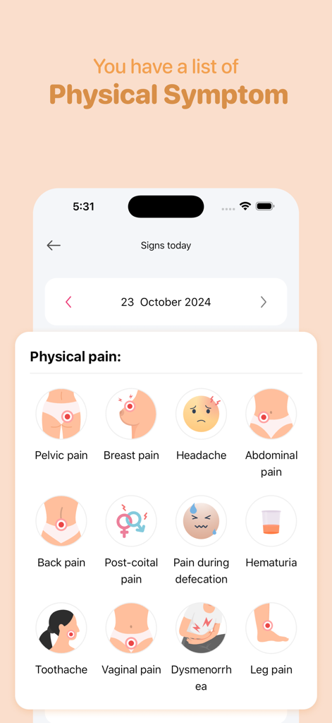 Impo Health - Impo Health app interface displaying a list of physical symptoms and pain types for daily tracking.