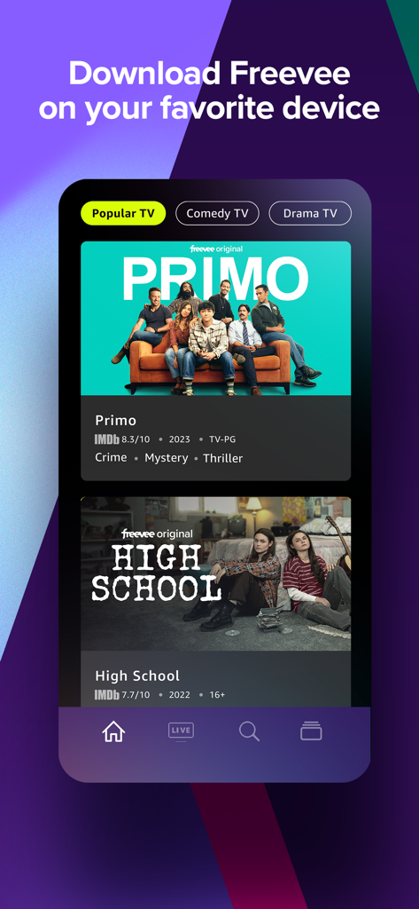 Interfaz de la aplicación móvil Amazon Freevee mostrando series originales populares y categorías.