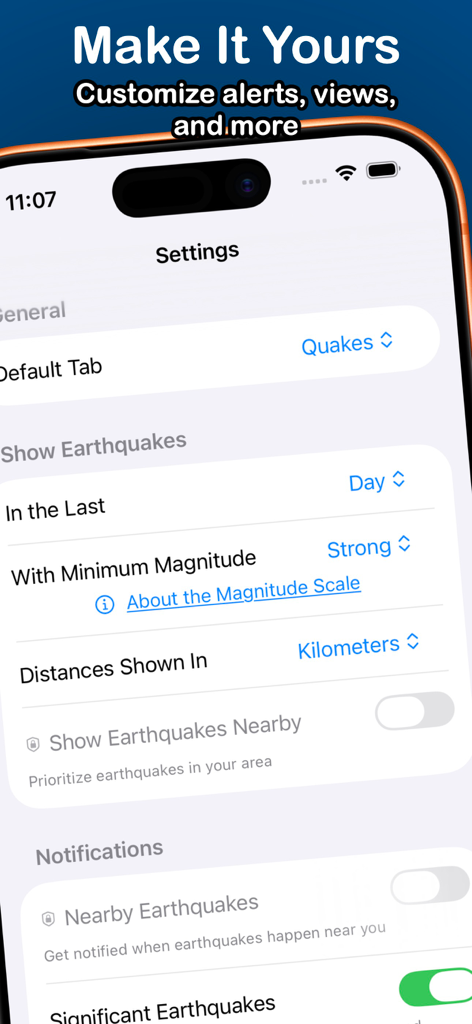 QuakeInfo: Seismic Monitoring - Schermata delle impostazioni dell'app QuakeInfo che mostra opzioni di personalizzazione per allarmi e filtri terremoti.