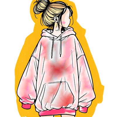 realistic girl with a oversized sweatshirt on and a bun