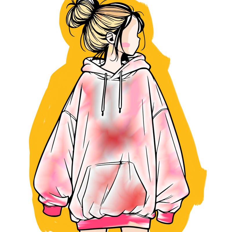 realistic girl with a oversized sweatshirt on and a bun