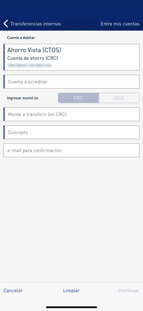 Credecoop en Línea - Interfaz de transferencia interna en la aplicación Credecoop en Línea que muestra campos para la selección de cuenta y el cambio de moneda entre colones y dólares