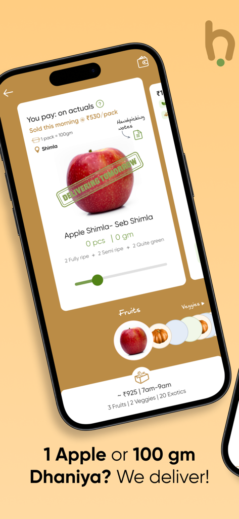 Handpickd: Fruits & Veggies - A mobile screen from the Handpickd app showing an apple product page with options to customize ripeness levels for delivery.