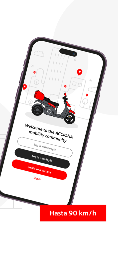 Tela de boas-vindas do aplicativo ACCIONA mobility com ilustração de uma scooter elétrica e botões de login