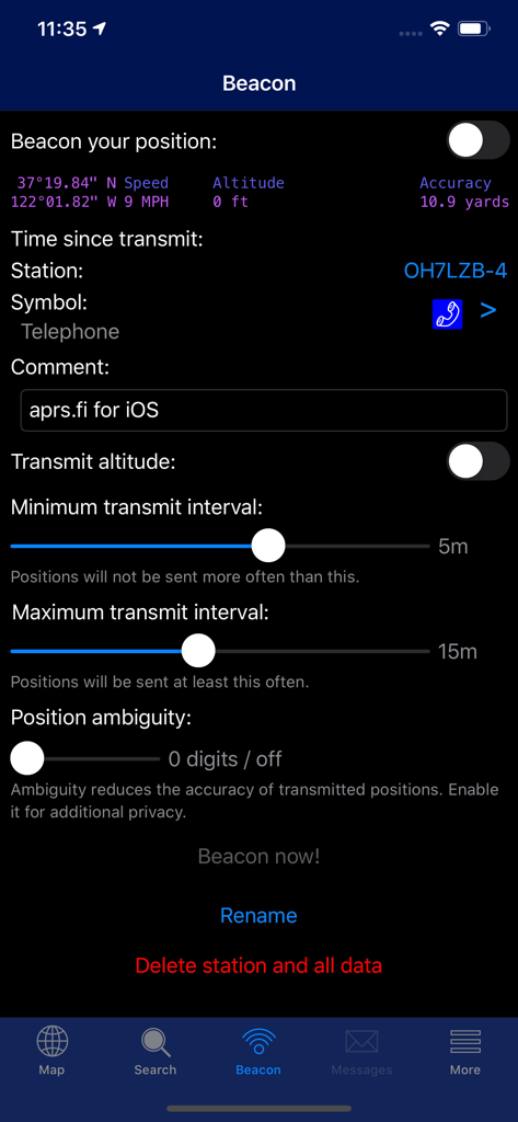 Pantalla de configuración de transmisión en la aplicación de radioaficionados aprs.fi que muestra datos de posición y deslizadores de intervalo de transmisión