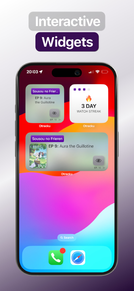 Anime Tracker: Anime List - Otracku anime tracker app interactive iOS widgets showing watch streak and episode progress on a smartphone home screen