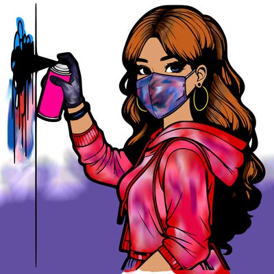 realistic girl with mask spray painting a wall