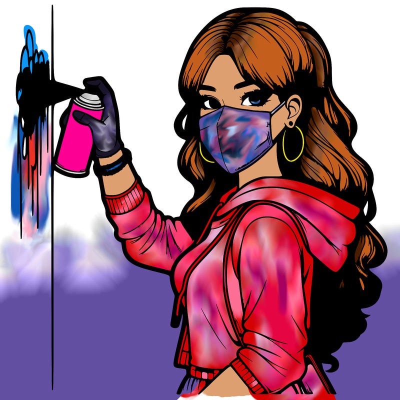 realistic girl with mask spray painting a wall