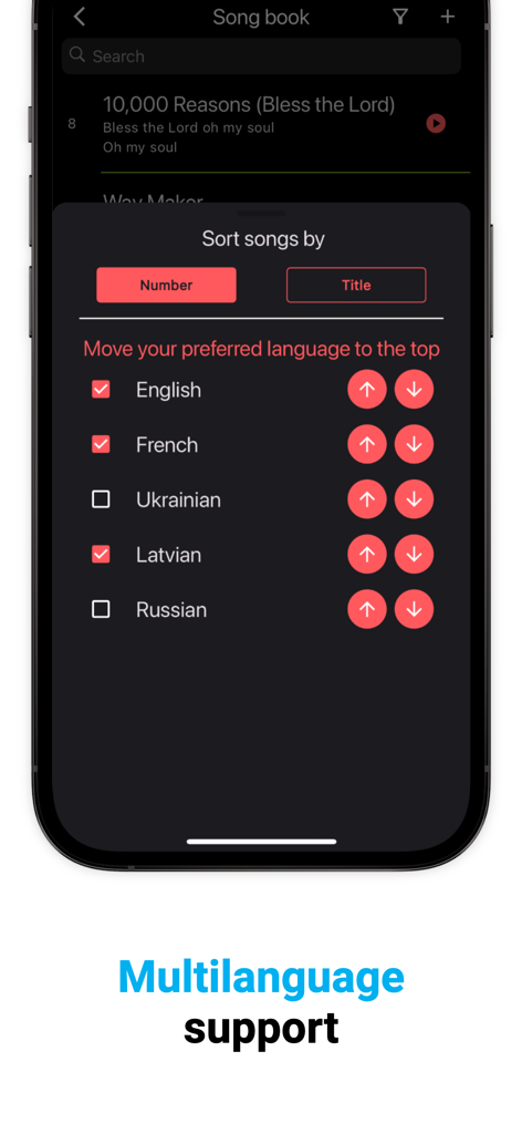 ICOC mobile app songbook interface with multilanguage language selection and sorting options