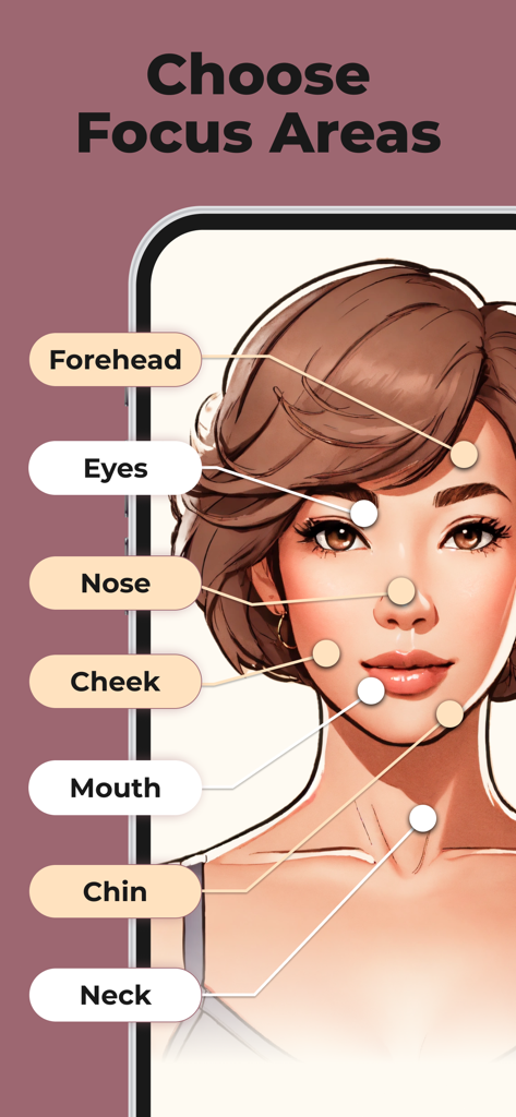 Face Yoga Exercises - Tela do aplicativo Face Yoga mostrando uma ilustração de uma mulher com áreas de foco selecionáveis, como testa, olhos, bochechas e pescoço, para exercícios faciais personalizados