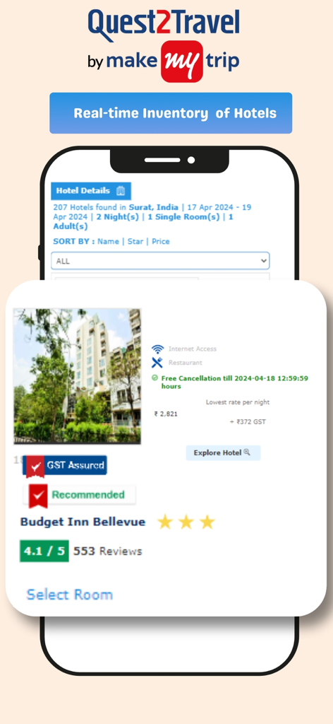 Mobile interface of Quest2Travel app displaying real-time hotel inventory with GST assurance and professional ratings