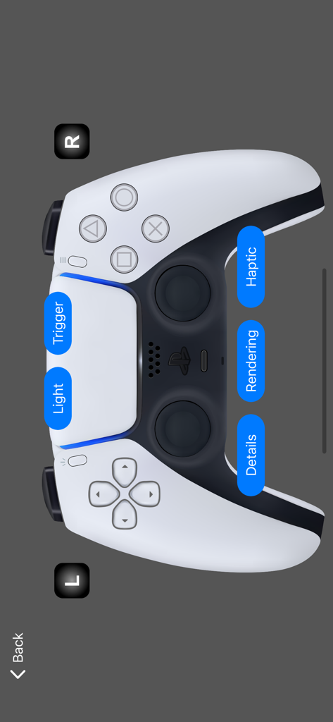 Game Controller Tester Gamepad - Interfaccia dell'app Game Controller Tester per controllare i grilletti e l'haptic feedback del PS5 DualSense