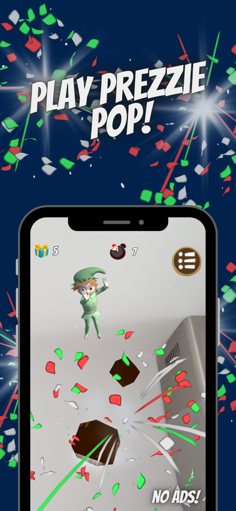 Uma tela de smartphone exibindo o jogo de realidade aumentada Prezzie Pop com o Elfo de Natal Tizzy e presentes caindo em um cômodo