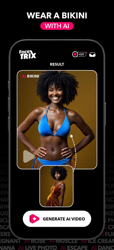 A mobile screenshot of the Facetrix app showing an AI generated video of a woman wearing a blue bikini
