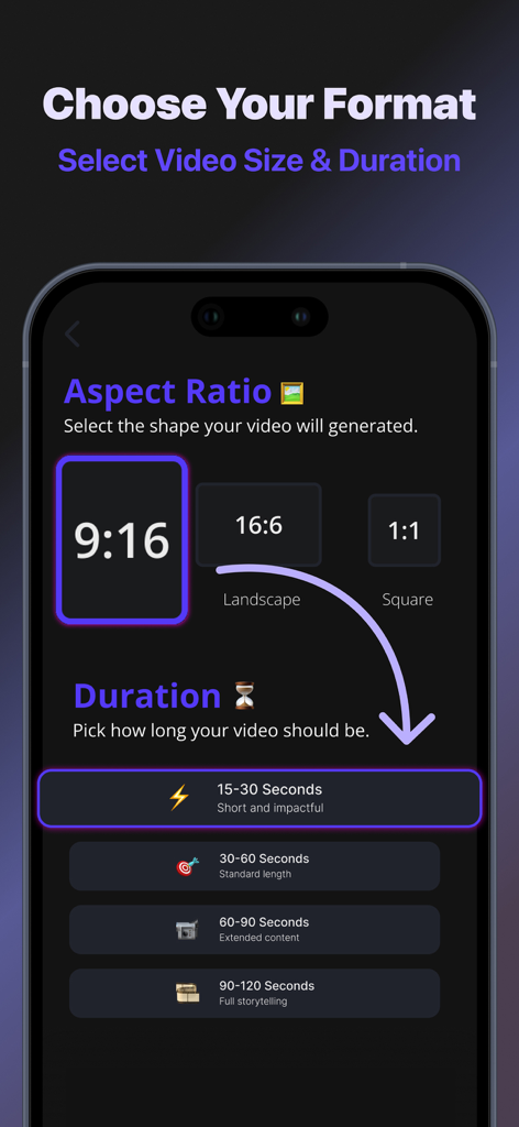 AIリールメーカーで動画のアスペクト比と期間設定を選択するためのモバイルアプリインターフェース