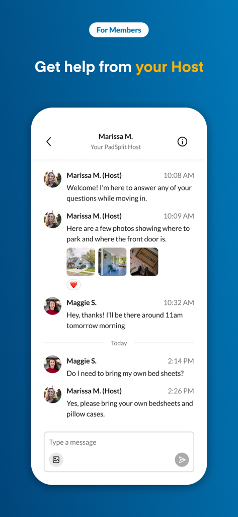 Mobilbildschirm, der einen Chat zwischen einem PadSplit-Mitglied und einem Gastgeber zeigt, der Einzugsdetails und Hausfotos bespricht.