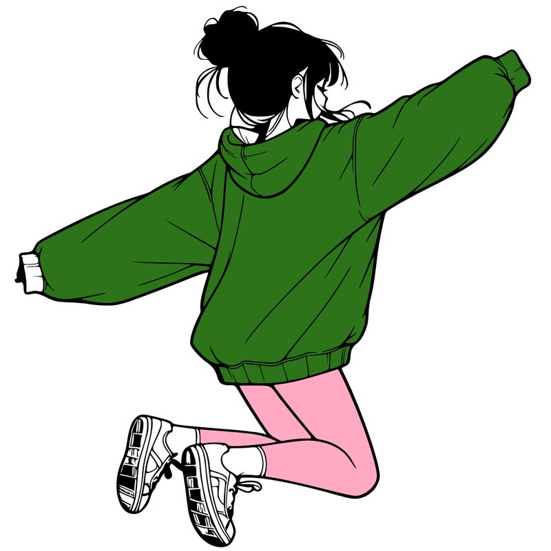 realistic girl jumping with a bun and oversized sweatshirt