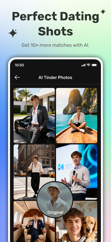 50+ AI Design Tools: MagicShot - KI-generierte professionelle Dating-Profilfotos in der MagicShot App-Oberfläche.