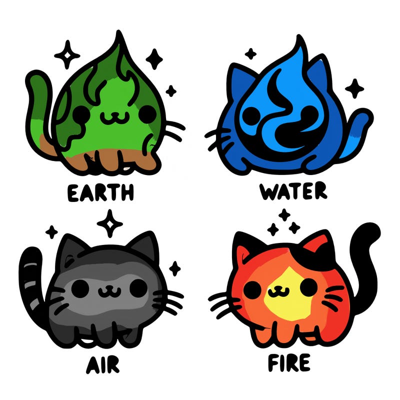 4 cats that represent the different elements, earth, water, air, and fire