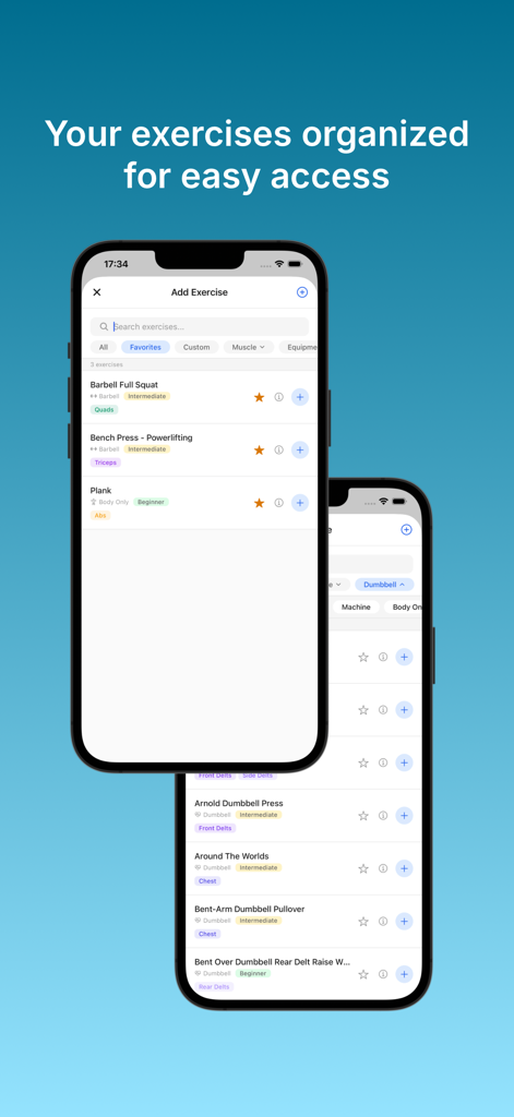 BaseLift: Gym Log & Diary - BaseLift gym log app showing an organized exercise library with filters for muscle groups and equipment