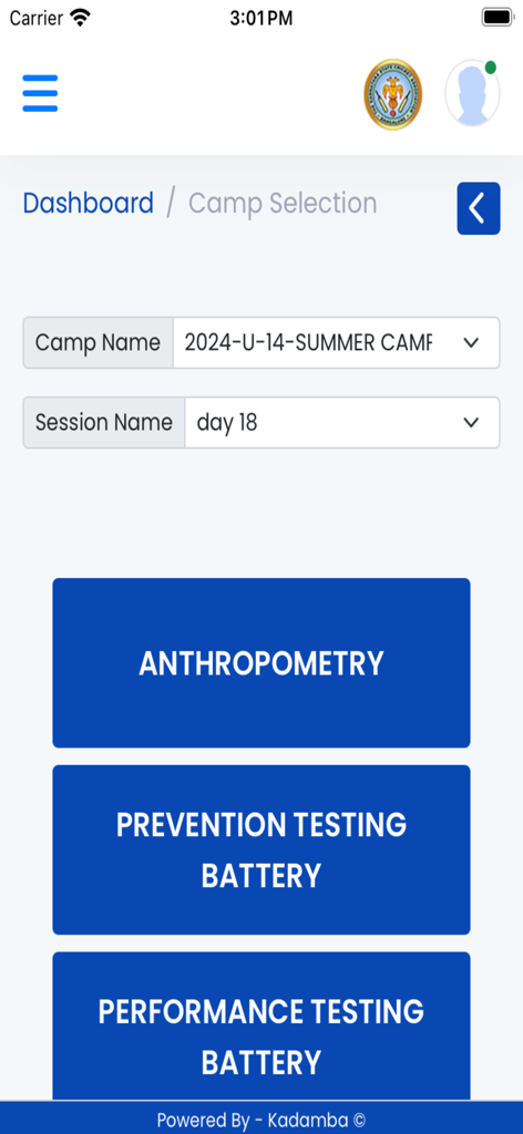 KSCA OTMS - KSCA OTMS app dashboard showing camp selection for cricket training with options for anthropometry and performance testing batteries.