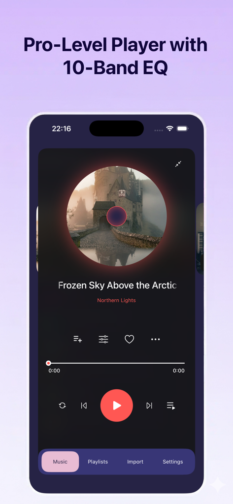Schermata del lettore musicale offline Musify con lettore di livello professionale e funzionalità EQ a 10 bande