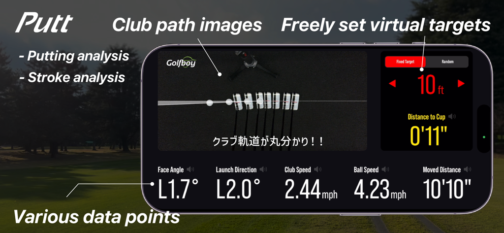 Golfboy:Launch Monitor - Captura de pantalla de la aplicación Golfboy que muestra el análisis de golpes de putt con imágenes de la trayectoria del palo y datos del golpe.