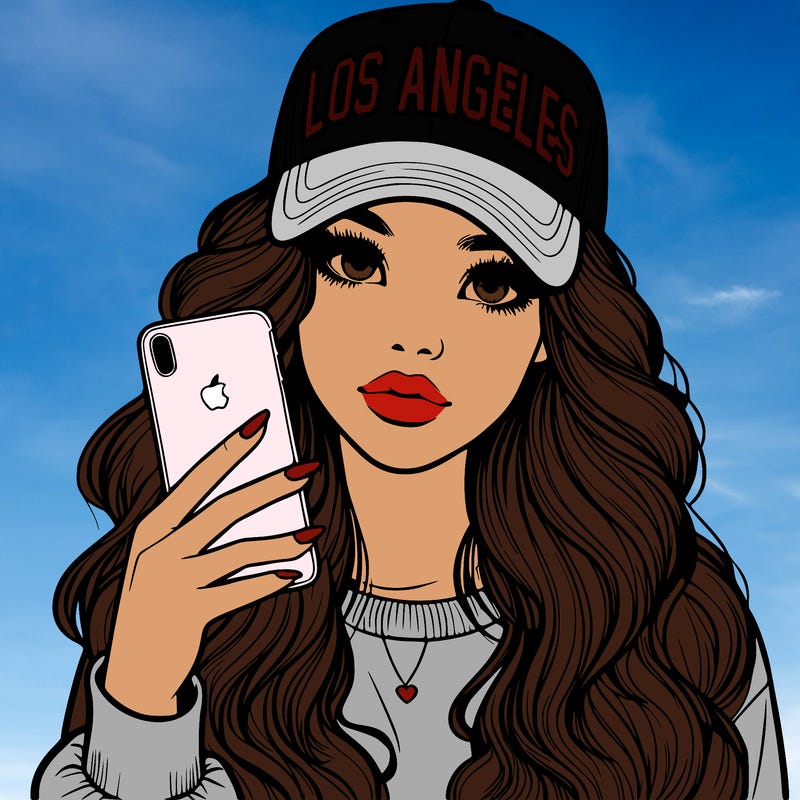 realistic beautiful girl wearing los ángeles cap holding an iphone