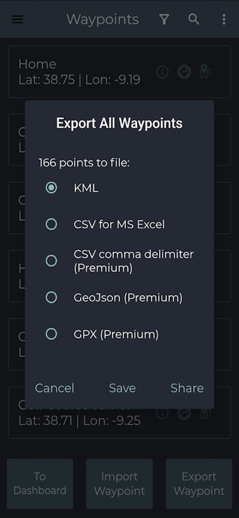 GPS Waypoints Lite - Diálogo de exportación en GPS Waypoints Lite que muestra las opciones de formato KML, CSV y GPX
