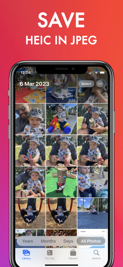 HEIC Converter: Image & Photo - JPG形式でHEICを保存という見出しが付いた写真ギャラリーを表示するiPhone画面