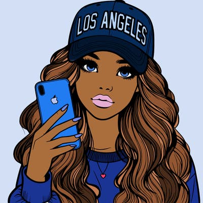 realistic beautiful girl wearing los ángeles cap holding an iphone
