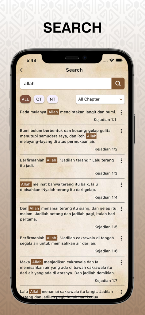 The search feature of the Alkitab Terjemahan Baru Pro app showing verse results for the word Allah.