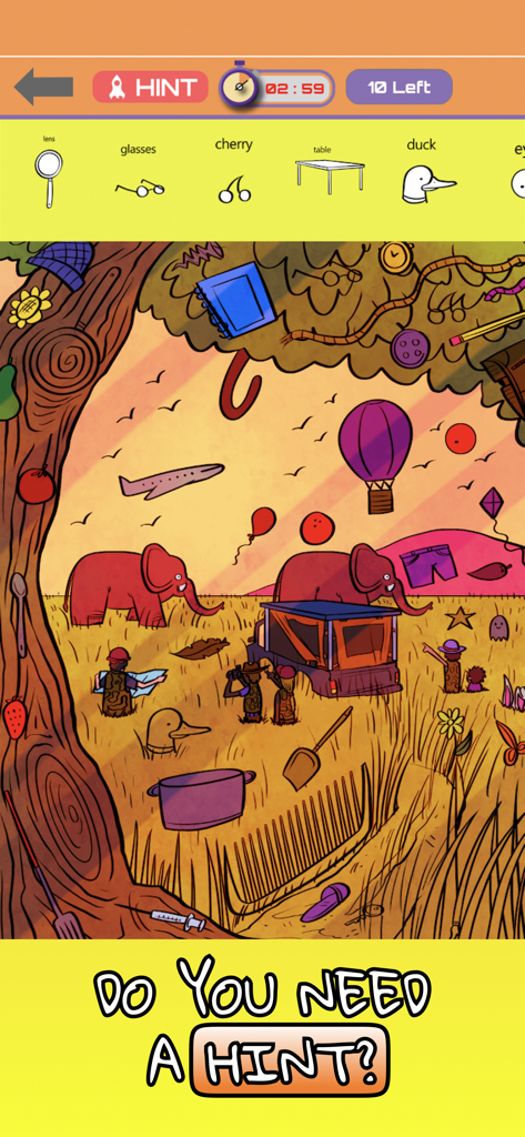 Hidden Objects! Find them all - Safari themed level in the Hidden Objects game with a hint prompt