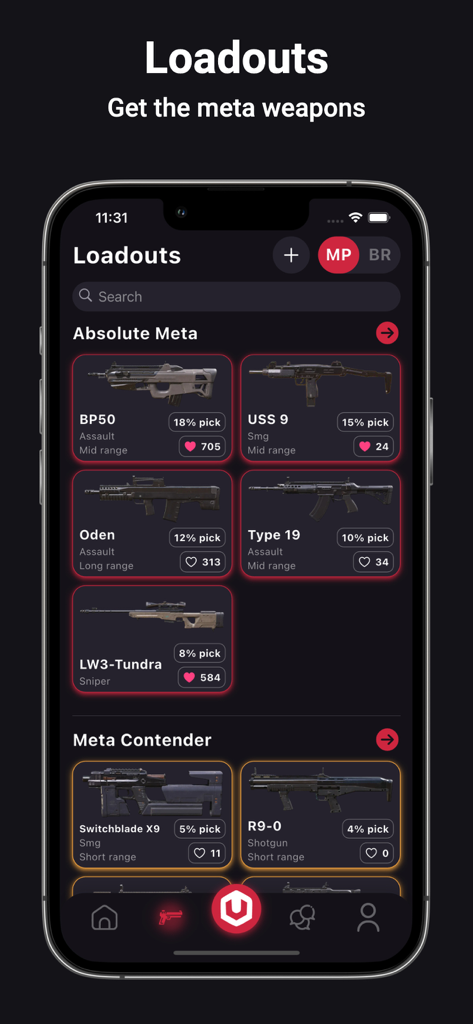 Universe Meta - Mobile app interface of Universe Meta displaying a list of top meta weapons and loadouts for Call of Duty Mobile.