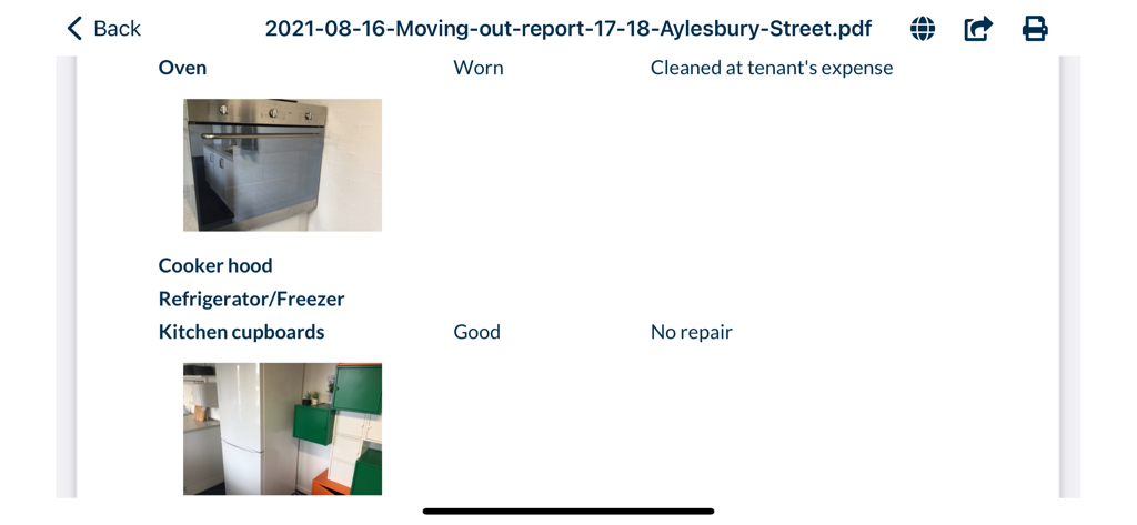 Digital moving out report showing kitchen appliance inspection photos and condition notes