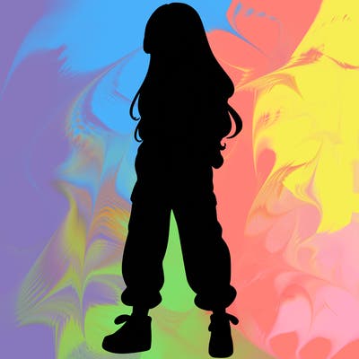 girl in baggy pants crop top and long hair