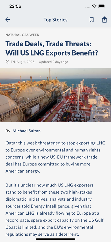 Energy Intelligence - Un articolo di notizie sull'app Energy Intelligence che analizza l'impatto degli accordi commerciali sulle esportazioni di GNL statunitensi