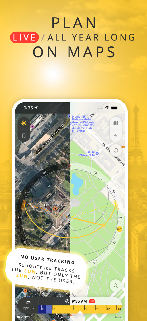 SunOnTrack app interface showing the sun's path on a map over the Eiffel Tower with a privacy highlight.