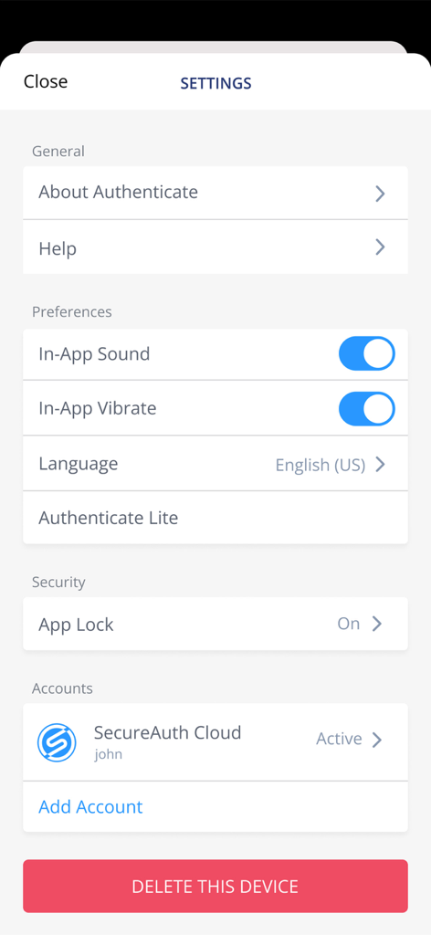 SecureAuth Authenticate - SecureAuth Authenticate app settings screen showing account and security options