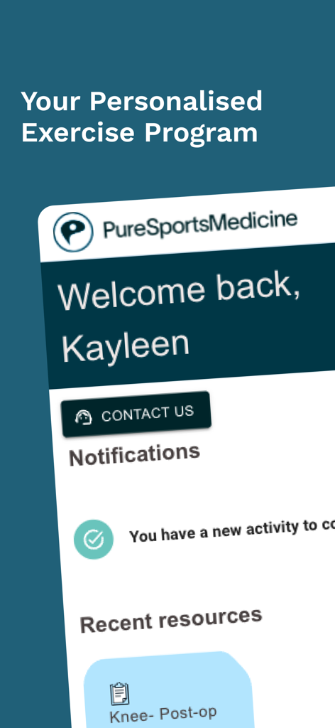 Pure Sports Medicine - Pantalla de inicio de la aplicación Medicina Deportiva Pura que muestra un programa de ejercicios personalizado y notificaciones de recuperación postoperatoria