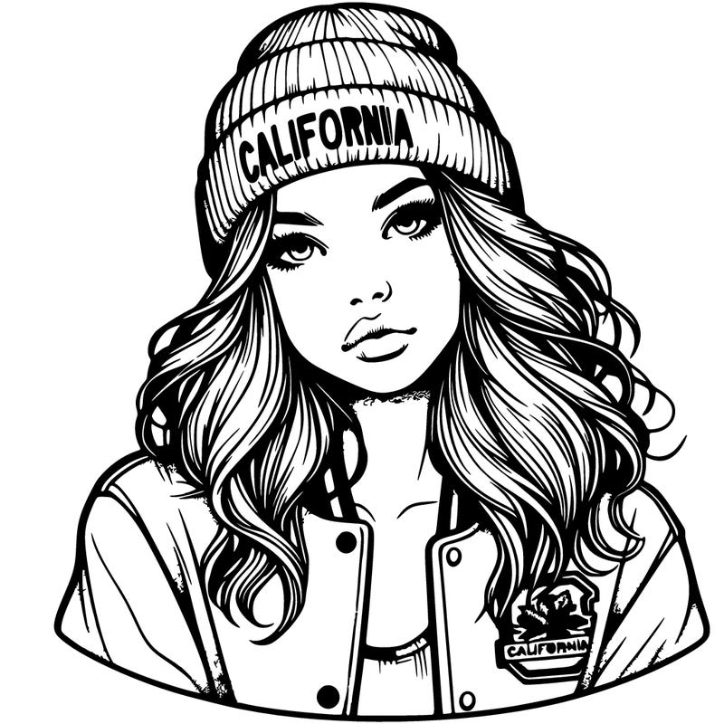 realistic girl with a varsity jacket and california beanie