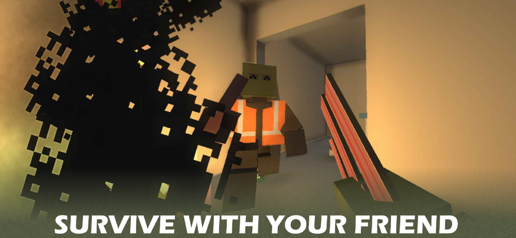 Erythros Lite - Two players cooperating in a building with the text survive with your friend in Erythros Lite